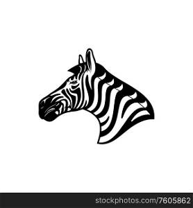 Zebra head isolated mascot. Vector striped animal profile view, african horse. Striped zebra head isolated african animal