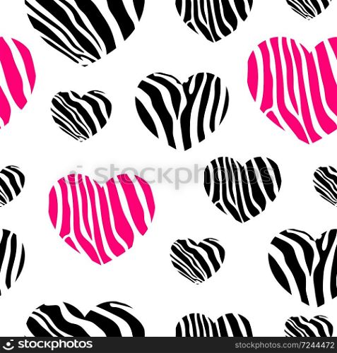 Zebra print hearts. Black and pink seamless pattern. Vector illustration.