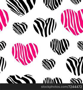 Zebra print hearts. Black and pink seamless pattern. Vector illustration.