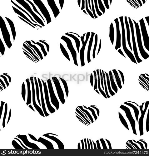 Zebra print hearts. Black and white seamless pattern.Vector illustration.