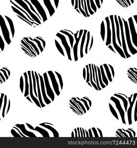 Zebra print hearts. Black and white seamless pattern.Vector illustration.