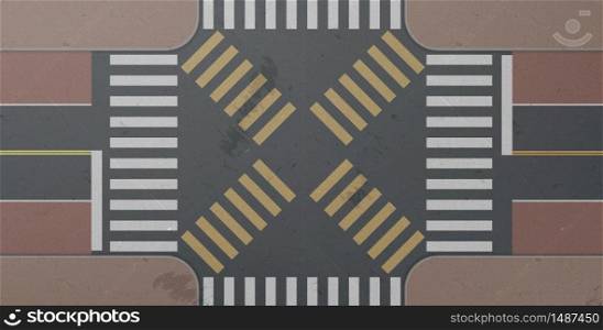 Zebra, road intersection top view. Crosswalk with white and yellow lines marking on gray asphalt and tiled sidewalk. City street crossing with pedestrian junction, Realistic 3d vector background. Zebra, road intersection, city crosswalk, top view