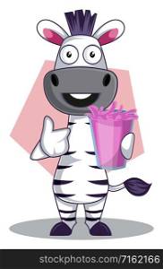 Zebra with pink juice, illustration, vector on white background.