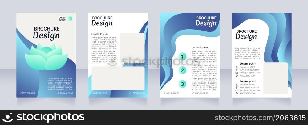Zen blue blank brochure design. Meditation class. Template set with copy space for text. Premade corporate reports collection. Editable 4 paper pages. Robot Medium, Light, Merienda Bold fonts usedss. Zen blue blank brochure design