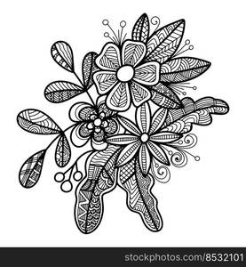 Zen doodle anti-stress coloring page flowers. Coloring book page for adults and children. Vector hand drawn illustration of bouquet. Zen tangle floral composition.. Zen doodle anti-stress coloring page flowers. Coloring book page for adults and children. Vector hand drawn illustration of bouquet. Zen tangle floral composition