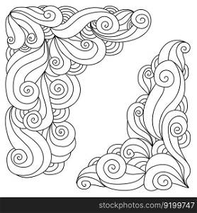 Zen doodle corners with curls and spirals, meditative coloring or design element vector illustration