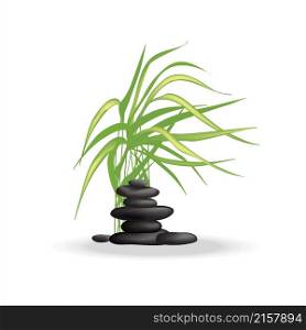 Zen rock tower, wild reed with long leaves waving in the wind. Symbolic minimalistic flat oriental style vector illustration of stones and frail with shadow, on white background, for print, decor