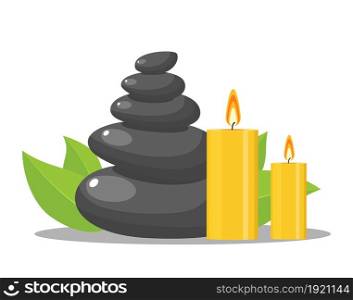 zen stones and flowers, Stones and candles for massage and and green leaves, items for meditation. Vector illustration in flat style. zen stones and flowers