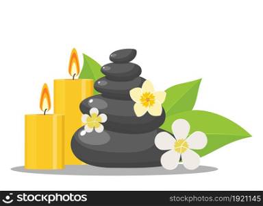 zen stones and flowers, Stones and candles for massage and and green leaves, items for meditation. Vector illustration in flat style. zen stones and flowers