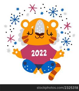 Zen tiger. 2022 year symbol in cute childish style isolated on white background. Zen tiger. 2022 year symbol in cute childish style
