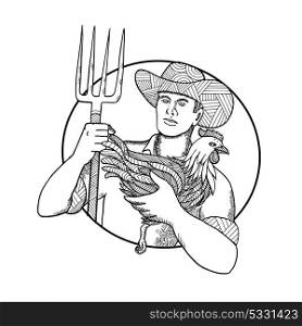 Zentagle inspired and tangled mandala illustration of a farmer holding a chicken, bird or hen on one hand and pitchfork on the other set inside circle on isolated background.. Farmer Holding Hen Pitchfork Zentagle