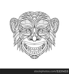 Zentagle inspired and tangled mandala illustration of a primate head of Chimpanzee, chimp or bonobo viewed from front on isolated backgound.. Chimpanzee Head Zentagle