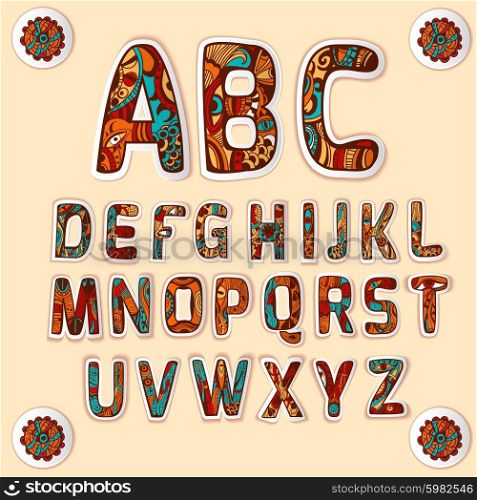 Zentangle alphabet colored letters stickers set . Zentangle alphabet with beautifully structured art design used for letters stickers set colored glossy abstract vector illustration