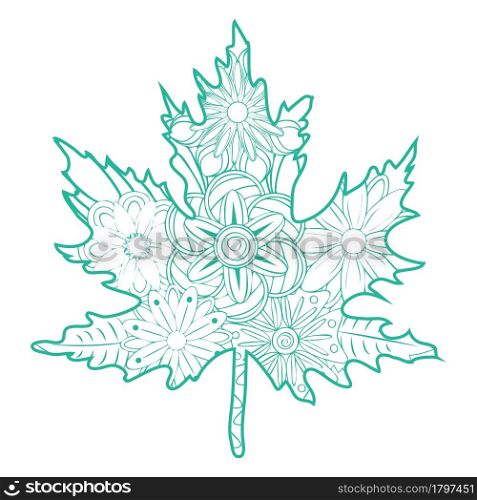 Zentangle. Flower pattern. Patterned leaf of maple, chestnut, oak in zentangle style, coloring book for adults. Zentangle. Flower pattern. White and black floral doodles