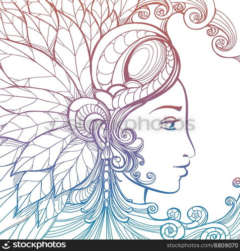 Zentangle woman face colorful tatoo tempate. Zentangle woman face with ornate elements isolated on white background. Colorful tatoo tempate vector illustration