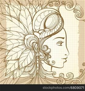 Zentangle woman face on notebook background. Zentangle woman face and decorative elements on notebook background. Vector illustration
