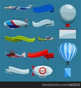 Zeppelins and airplanes with empty banners for advertising messages. Vector illustrations airplane and zeppelin with advertising with place for your text. Zeppelins and airplanes with empty banners for advertising messages. Vector illustrations with place for your text