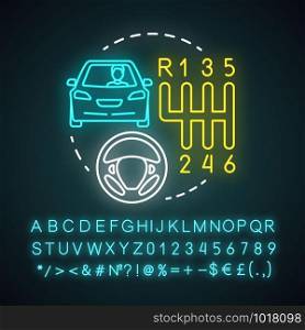 Zero automation neon light concept icon. Car with manual control. Vehicle, gearbox, steering wheel. Driving school idea. Glowing sign with alphabet, numbers and symbols. Vector isolated illustration