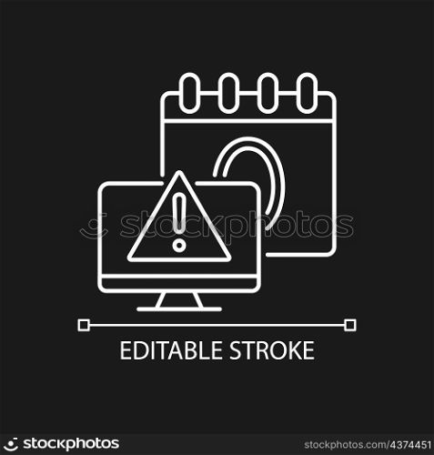 Zero day attack white linear icon for dark theme. Vulnerable software. Thin line customizable illustration. Isolated vector contour symbol for night mode. Editable stroke. Arial font used. Zero day attack white linear icon for dark theme