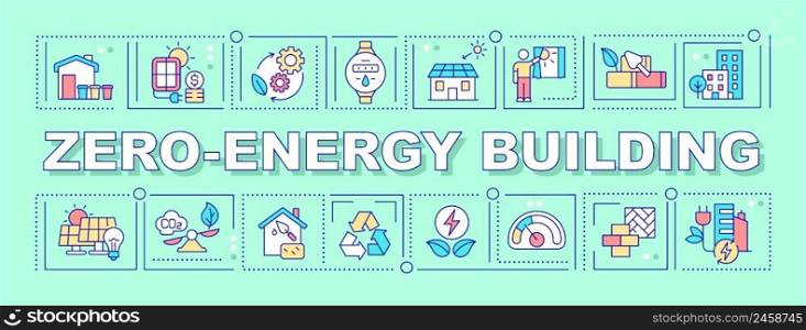 Zero energy building word concepts mint banner. Alternative materials. Infographics with icons on color background. Isolated typography. Vector illustration with text. Arial-Black font used. Zero energy building word concepts mint banner
