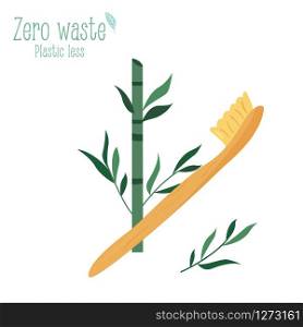 Zero waste bamboo toothbrush isolated on white background. Zero waste wooden toothbrush with bamboo leaves