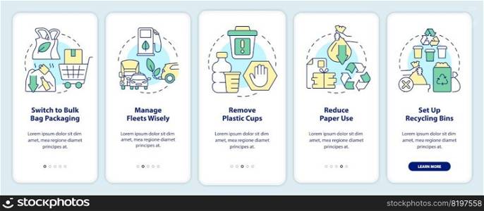 Zero waste business onboarding mobile app screen. Reduce paper use walkthrough 5 steps editable graphic instructions with linear concepts. UI, UX, GUI template. Myriad Pro-Bold, Regular fonts used. Zero waste business onboarding mobile app screen