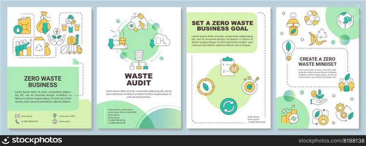 Zero waste business strategies green brochure template. Mindset. Leaflet design with linear icons. Editable 4 vector layouts for presentation, annual reports. Arial-Bold, Myriad Pro-Regular fonts used. Zero waste business strategies green brochure template