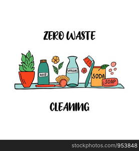 Zero Waste cleaning shelf with sustainable items. Hand drawn vector illustration. Zero Waste cleaning shelf with sustainable items