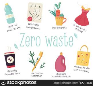 Zero waste collection with rules. Eco concept, no trash life. Zero waste collection with rules. Eco concept