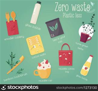 Zero Waste concept design with elements. Waste less life illustration.. Zero waste collection with rules. Eco concept