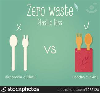Zero waste concept poster. Plastic cutlery vs Wooden reusable cutlery. Zero waste concept poster. Eco education