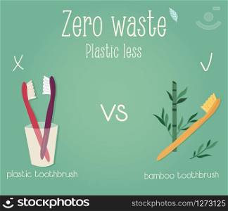 Zero waste concept poster. Plastic toothbrush vs bamboo toothbrush. Zero waste concept poster. Eco education