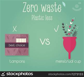 Zero waste concept poster. Tampons vs menstrual cup. Zero waste concept poster. Eco education