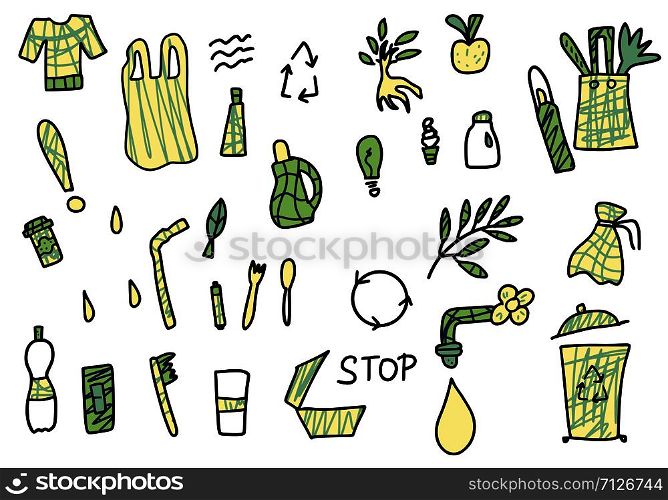 Zero waste concept. Set of eco lifestyle elements in doodle style isolated on white background. Vector illustration.