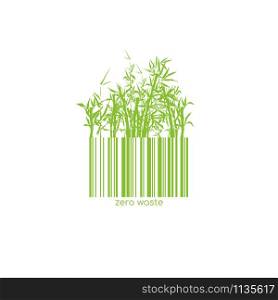 Zero Waste Conceptual Logotype with Barcode Bamboo Green Plant. Vector Isolated Bar Code Logo for Plastic free Natural Shop Products. Paper or Wooden Reuse Technology. Zero Waste Conceptual Logotype with Barcode Bamboo Green Plant. Vector Isolated Bar Code Logo for Plastic free Shop