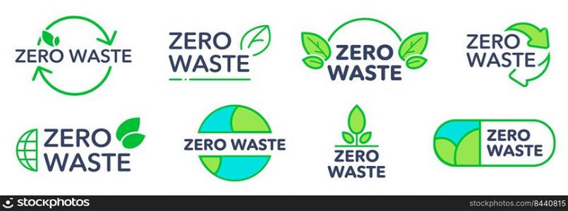Zero waste eco friendly logos set. Green elements, signs and emblems with leaves, plants and recycling arrows. Vector illustration for environment protection, plastic reduce, ecology concept. Zero waste eco friendly logos set