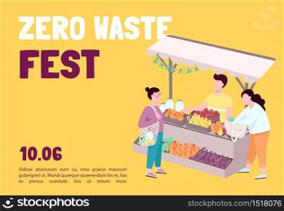 Zero waste fest banner flat vector template. Buying eco and organic products on farmers market. Brochure, poster concept design with cartoon characters. Horizontal flyer, leaflet with place for text