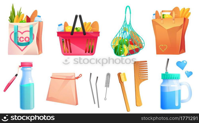 Zero waste goods, net, cotton and paper shopping bags, wooden comb and toothbrush, glass bottle and cup with metal straw. Vector cartoon set of recycle eco packages with food and reusable goods. Zero waste goods, net, reusable bags, wooden comb