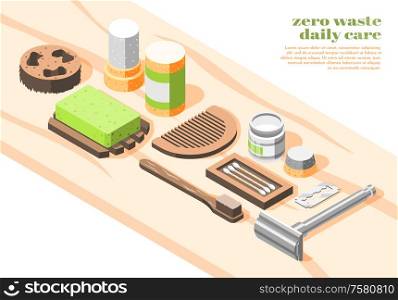 Zero waste isometric composition with eco friendly natural goods for daily body and hair care on wooden shelf 3d vector illustration