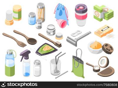 Zero waste isometric icons set with colored containers bags personal hygiene items and cutlery 3d isolated vector illustration