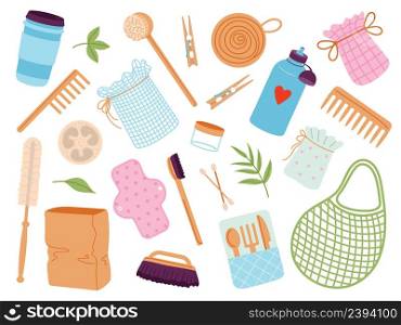 Zero waste items. Reusable container, wood brushes and wasted plastic products. Eco shopping bags, bottles and hygiene accessories vector icons. Illustration of natural cup and reusable container. Zero waste items. Reusable container, wood brushes and wasted plastic products. Eco shopping bags, bottles and hygiene accessories decent vector icons
