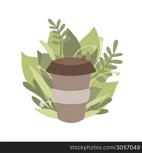 Zero waste items with green leaves. Flat illustration of bamboo coffee cup with foliage. The object is separate from the background. Vector element for greeting card, banner and your creativity.. Zero waste items with green leaves. Flat illustration of bamboo coffee cup with foliage. The object is separate from the background. Vector element