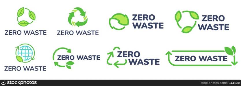 Zero waste labels. Green eco friendly label, reduce waste and recycle icon with plant leaves vector set. No plastic ecological protection logo with green recycling arrows signs. Zero waste labels. Green eco friendly label, reduce wastes and recycle icon with plant leaves vector set