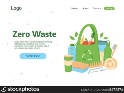 Zero waste landing page. Web site with reusable products and food containers. Vector web page elements reusable ideas. Zero waste landing page. Web site with reusable products and food containers. Vector web page