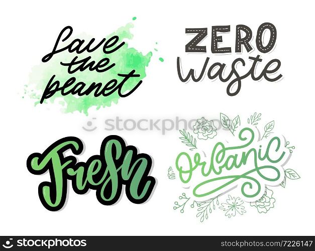 Zero waste. Lettering Text Eco green illustration. Zero waste for concept design. Zero waste, eco friendly concept. Organic waste vector illustration.. Zero waste. Lettering Text Eco green illustration. Zero waste for concept design. Zero waste, eco friendly concept. Organic waste vector illustration. Ecology concept set