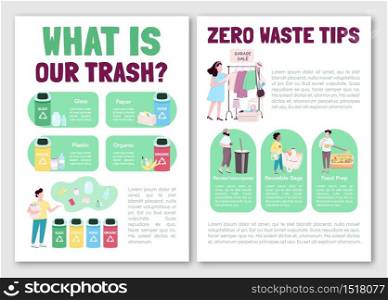 Zero waste lifestyle tips flat vector brochure template. Trash sorting. Flyer, booklet, printable leaflet design. Magazine page, cartoon annual reports, infographic posters with text space