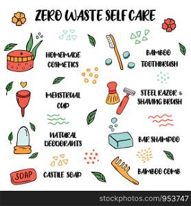 Zero Waste lifestyle. Tips for self care with hand drawn symbols. Zero Waste lifestyle. Tips for self care
