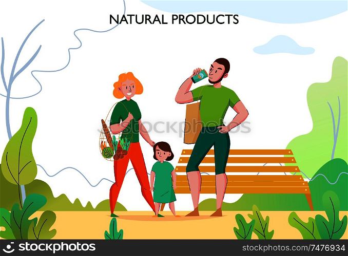 Zero waste lifestyle with young fit family outdoor using eco friendly sustainable natural products flat vector illustration
