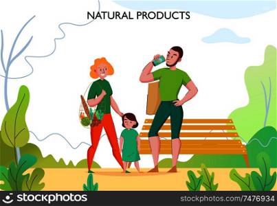 Zero waste lifestyle with young fit family outdoor using eco friendly sustainable natural products flat vector illustration