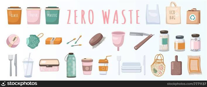 Zero waste logo design template set. No plastic and usage of environmentally friendly items. Bath and kitchen utensils made from organic natural materials. Reusable objects without harm to nature. Bath and kitchen utensils made from organic natural materials. Zero waste logo design template